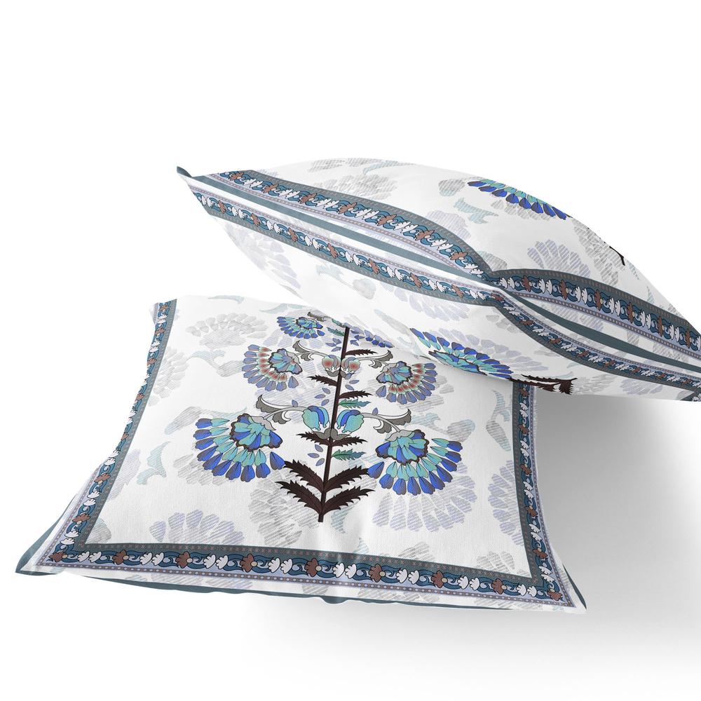 Set of Two 16" X 16" Blue and Off White Botanical Indoor Outdoor Throw Pillow. Picture 3