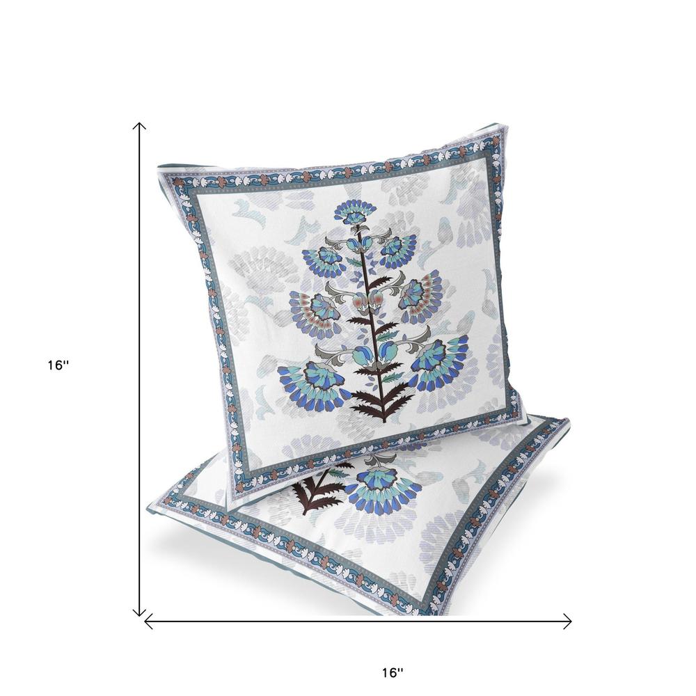 Set of Two 16" X 16" Blue and Off White Botanical Indoor Outdoor Throw Pillow. Picture 5