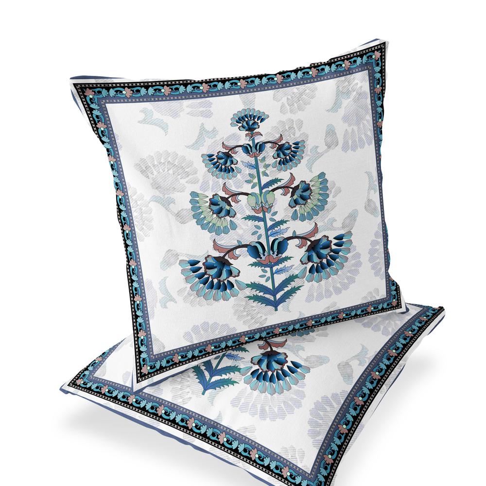Set of Two 16" X 16" Blue and Off White Botanical Indoor Outdoor Throw Pillow. Picture 1