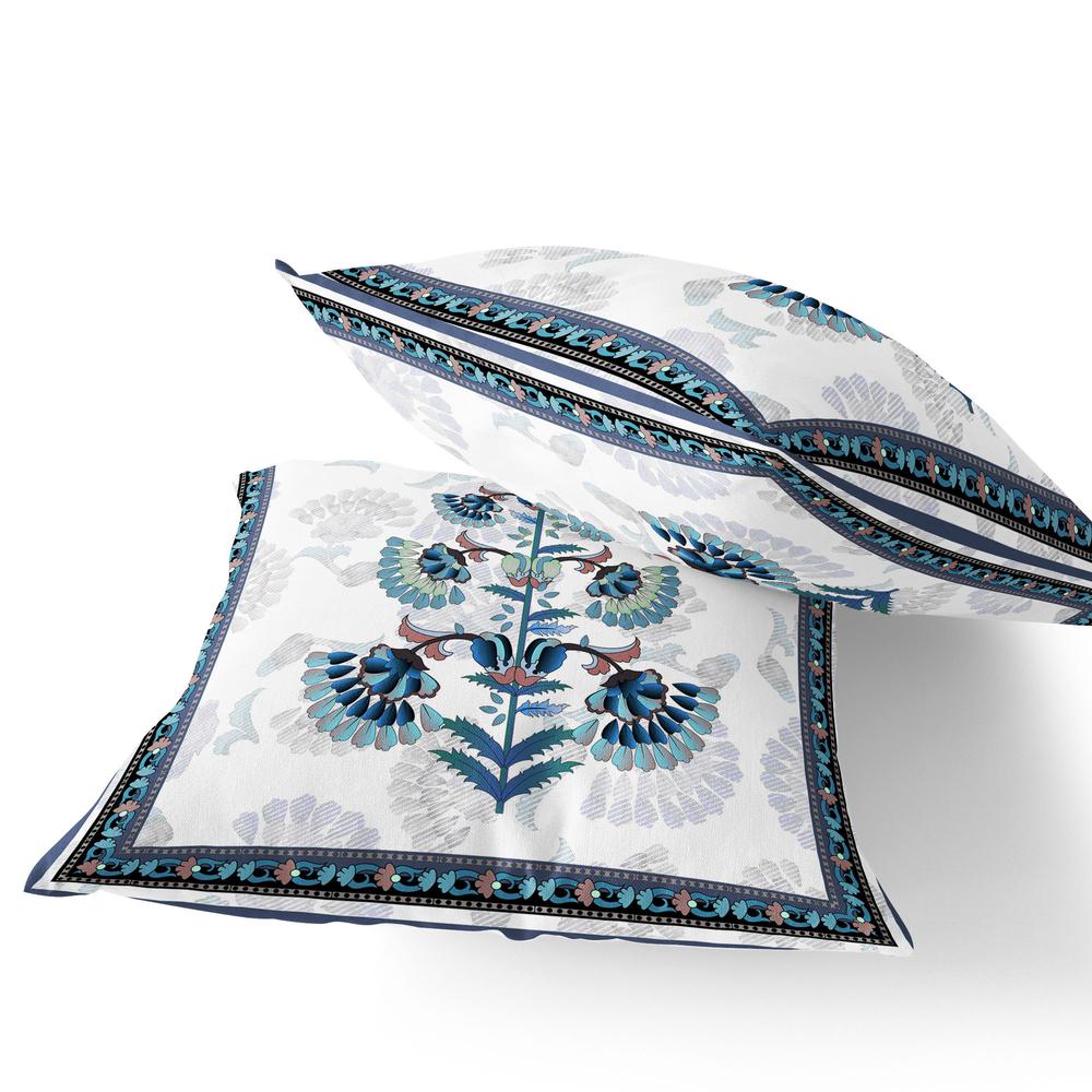 Set of Two 16" X 16" Blue and Off White Botanical Indoor Outdoor Throw Pillow. Picture 3