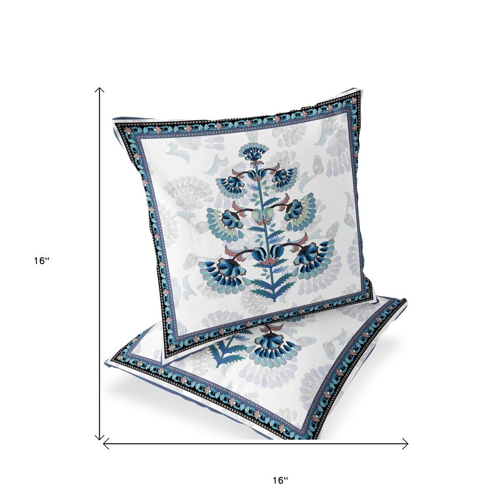 Set of Two 16" X 16" Blue and Off White Botanical Indoor Outdoor Throw Pillow. Picture 5