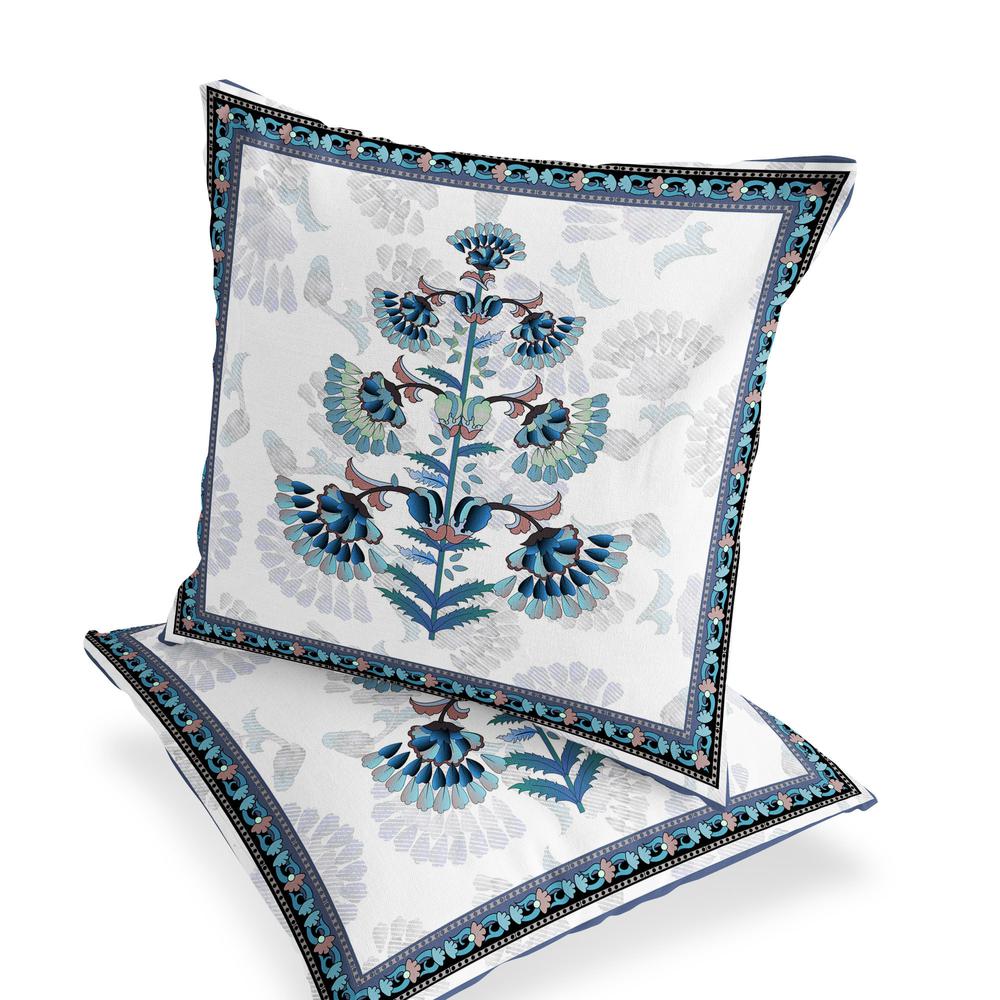 Set of Two 16" X 16" Blue and Off White Botanical Indoor Outdoor Throw Pillow. Picture 4
