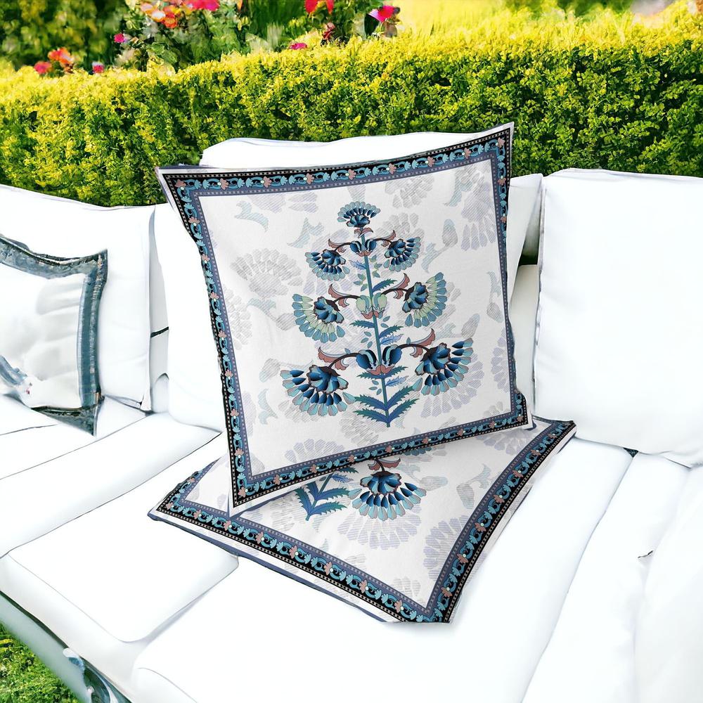 Set of Two 16" X 16" Blue and Off White Botanical Indoor Outdoor Throw Pillow. Picture 2