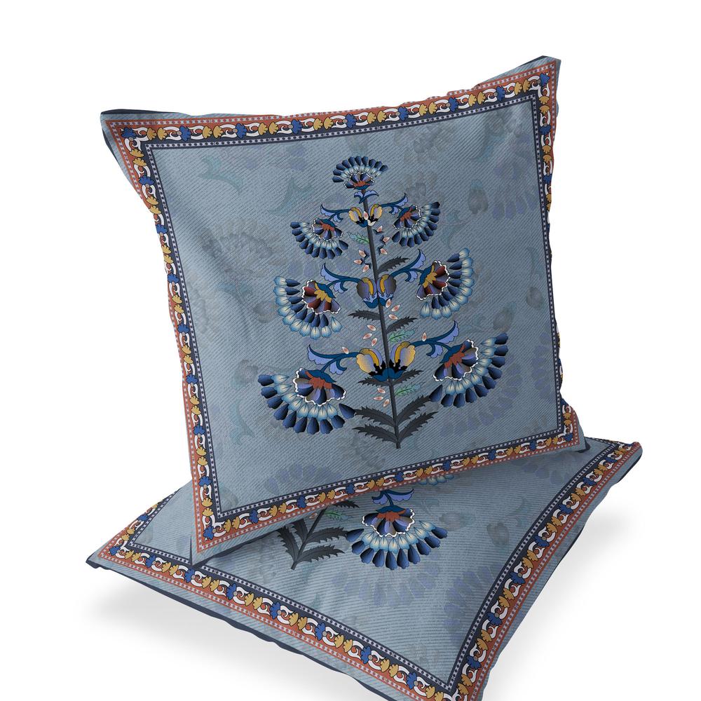 Set of Two 16" X 16" Blue and Gray Botanical Indoor Outdoor Throw Pillow. Picture 1