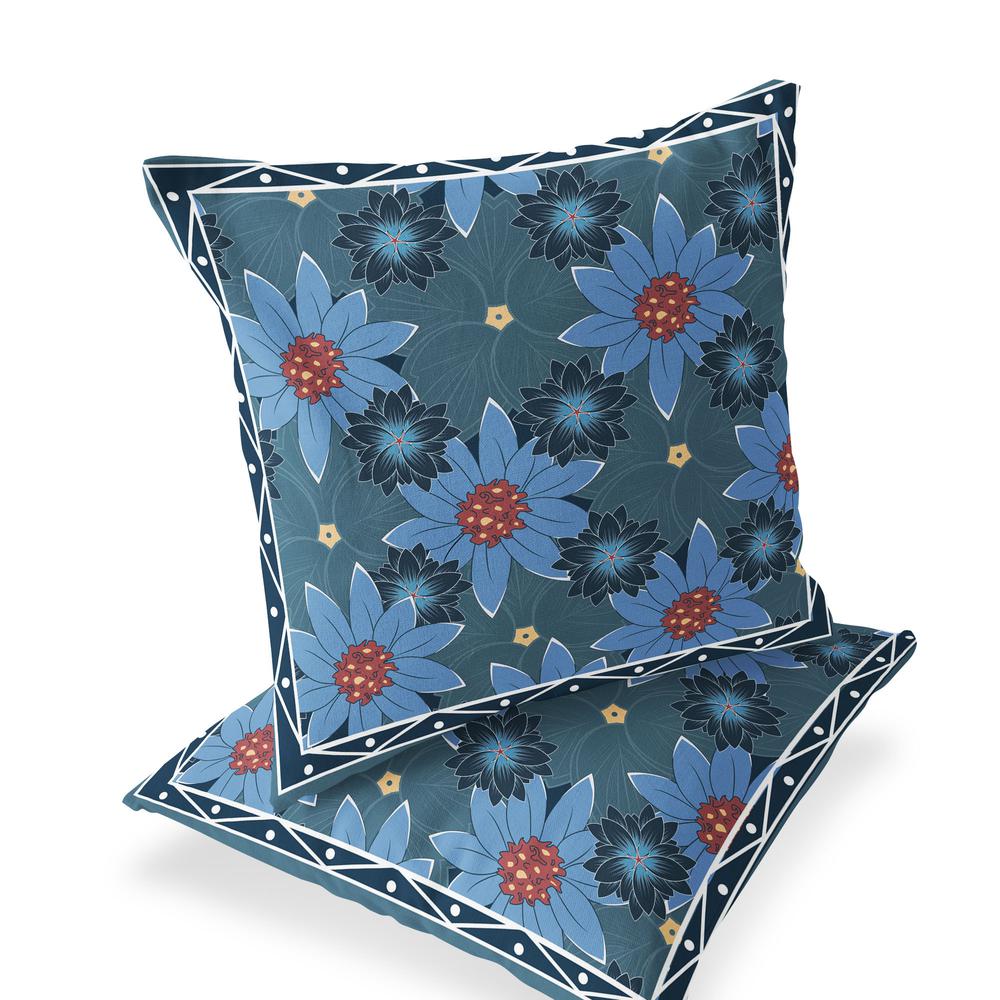 Set of Two 16" X 16" Blue and Yellow Botanical Indoor Outdoor Throw Pillow. Picture 1