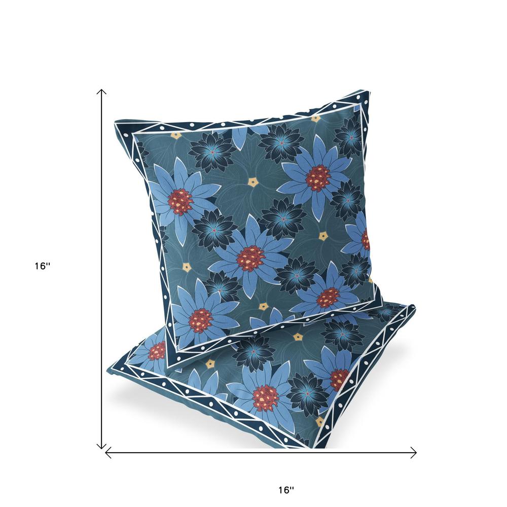 Set of Two 16" X 16" Blue and Yellow Botanical Indoor Outdoor Throw Pillow. Picture 4