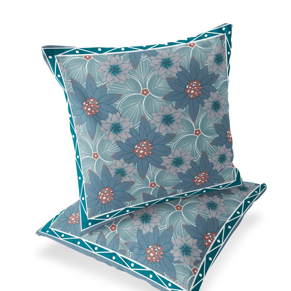 Set of Two 16" X 16" Blue and Green Botanical Indoor Outdoor Throw Pillow. Picture 1
