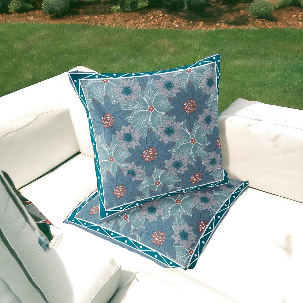 Set of Two 16" X 16" Blue and Green Botanical Indoor Outdoor Throw Pillow. Picture 2