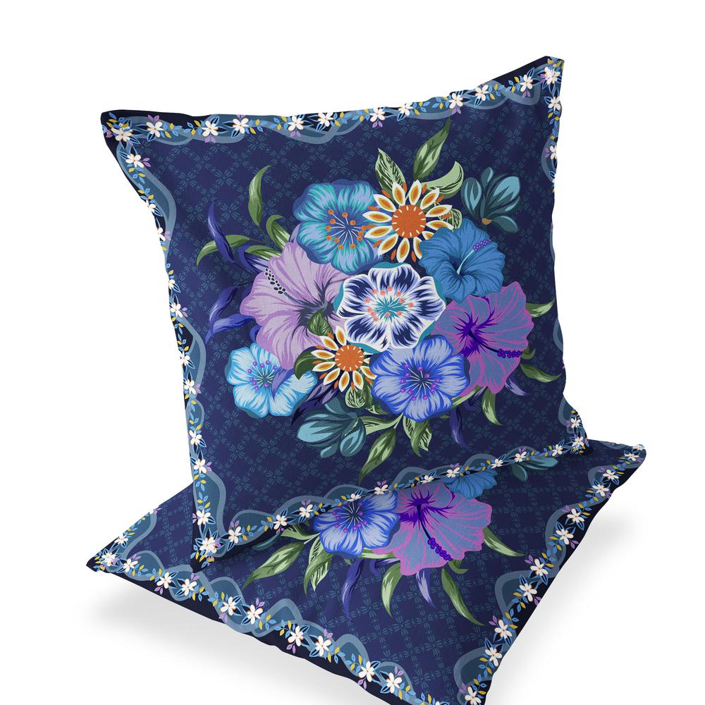Set of Two 16" X 16" Blue and Yellow Botanical Indoor Outdoor Throw Pillow. Picture 1