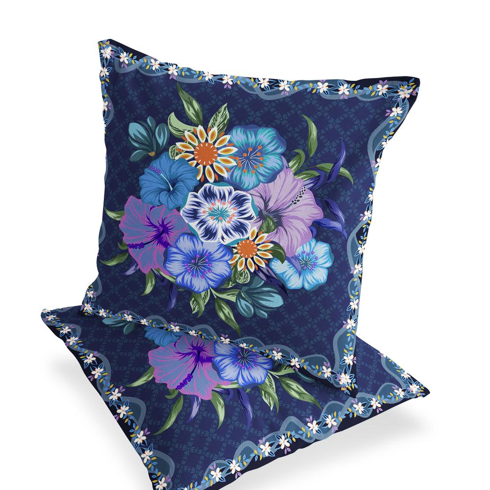 Set of Two 16" X 16" Blue and Yellow Botanical Indoor Outdoor Throw Pillow. Picture 3