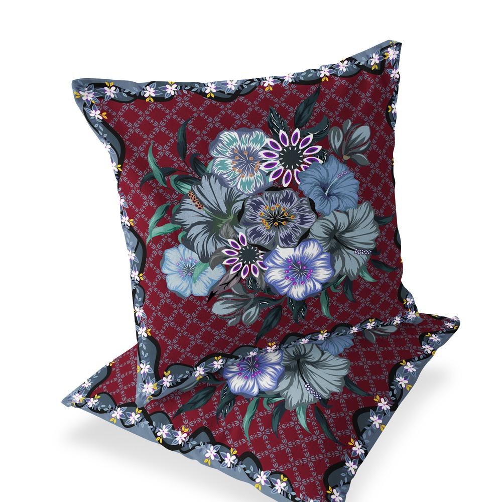 Set of Two 16" X 16" Gray and Red Botanical Indoor Outdoor Throw Pillow. Picture 1