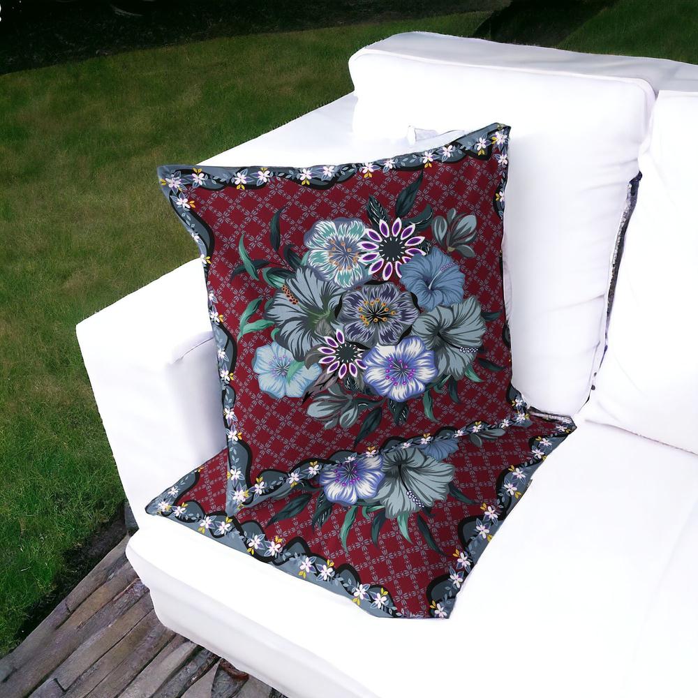 Set of Two 16" X 16" Gray and Red Botanical Indoor Outdoor Throw Pillow. Picture 4