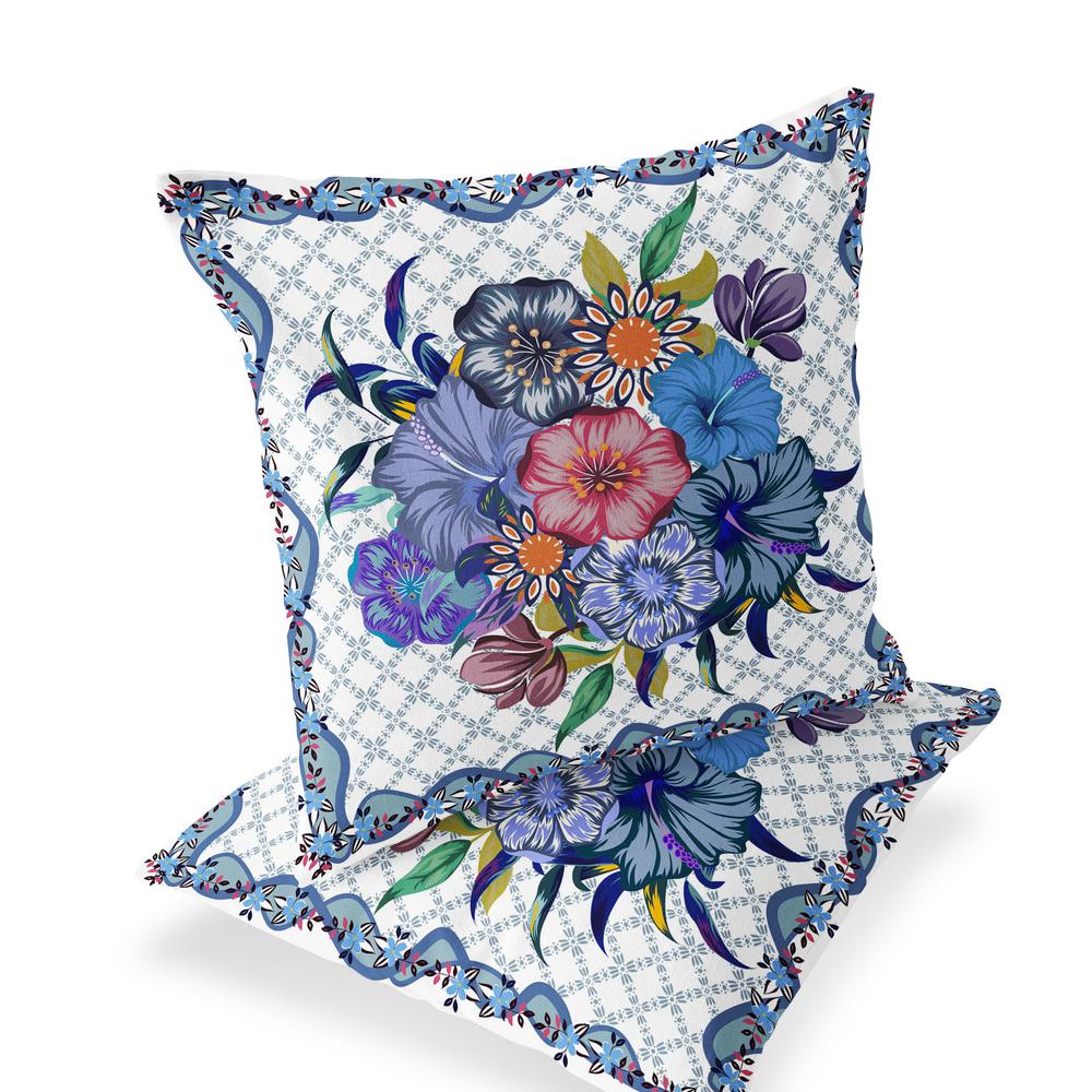 Set of Two 16" X 16" Blue and White Botanical Indoor Outdoor Throw Pillow. Picture 1