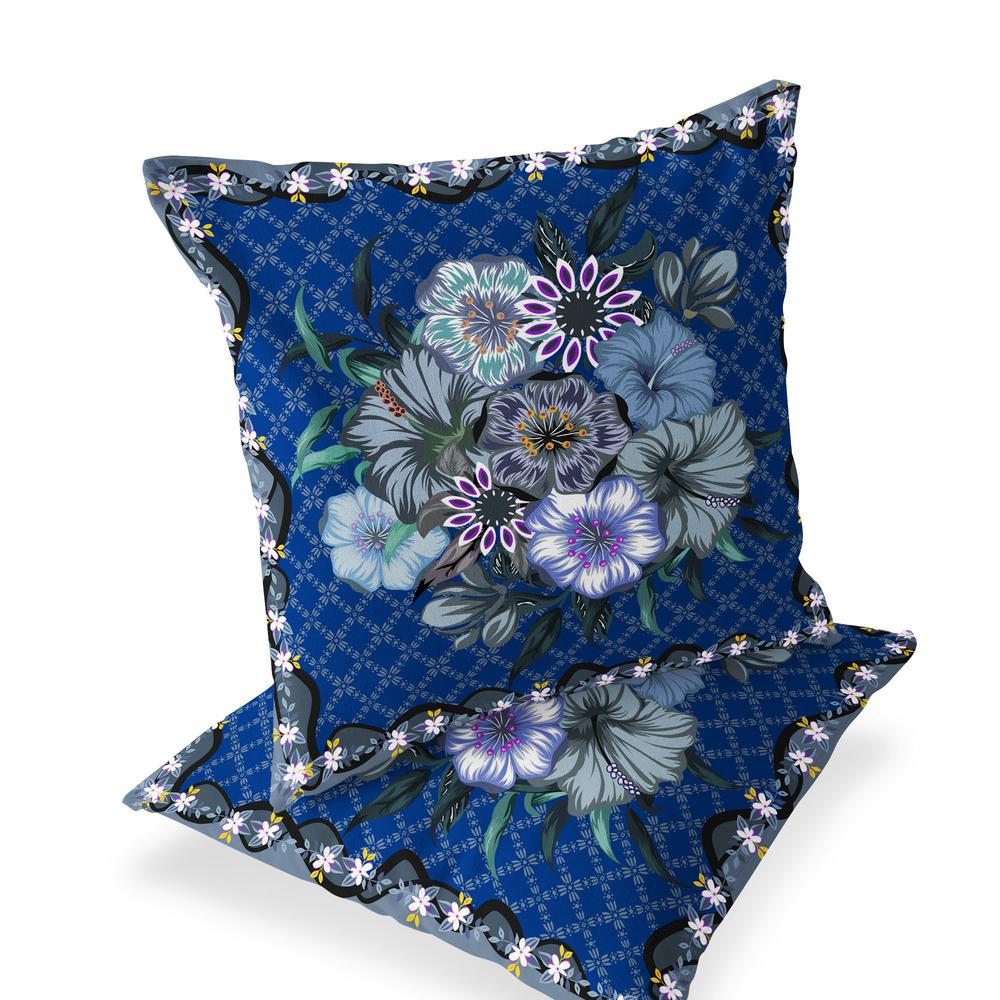 Set of Two 16" X 16" Blue and Gray Botanical Indoor Outdoor Throw Pillow. Picture 1
