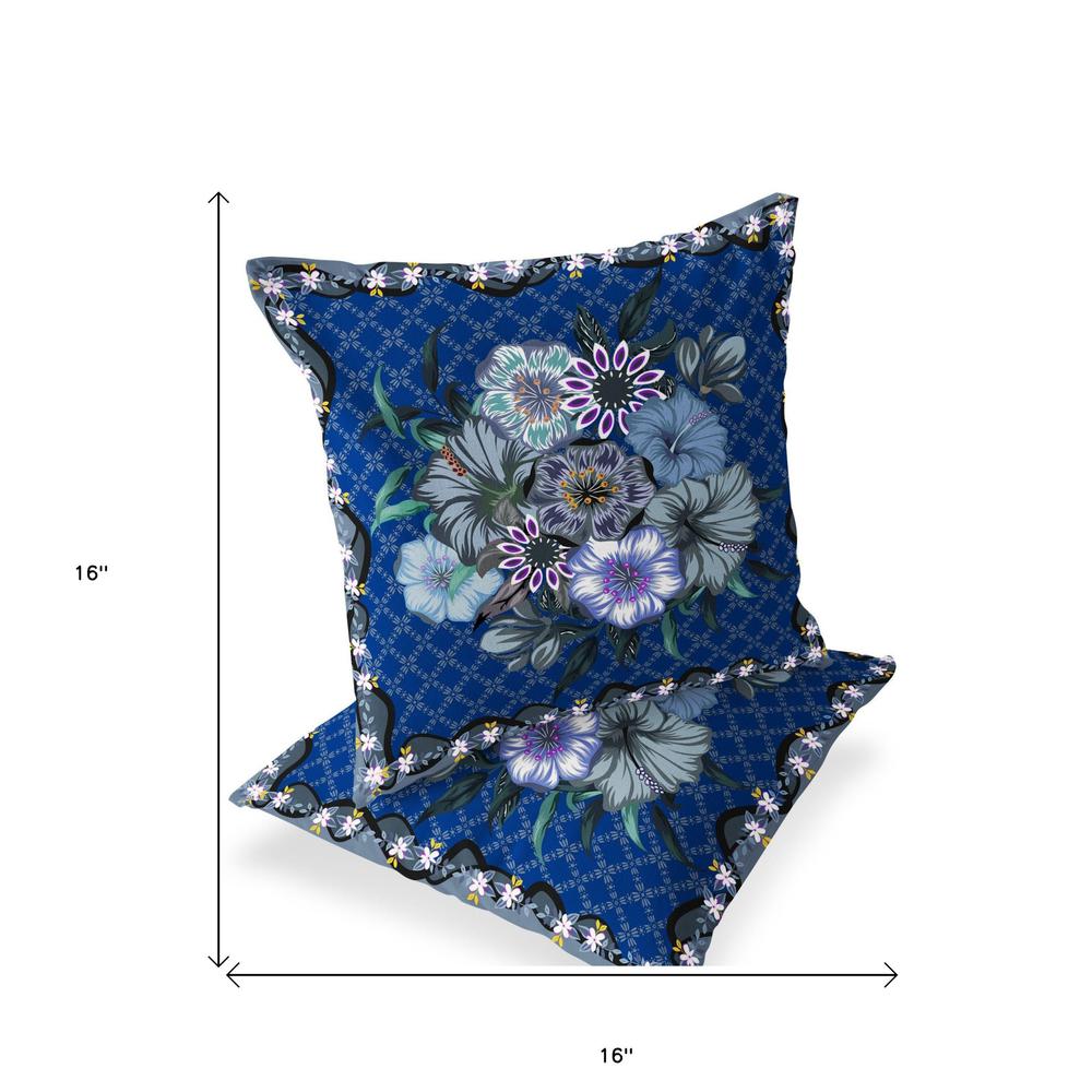 Set of Two 16" X 16" Blue and Gray Botanical Indoor Outdoor Throw Pillow. Picture 4