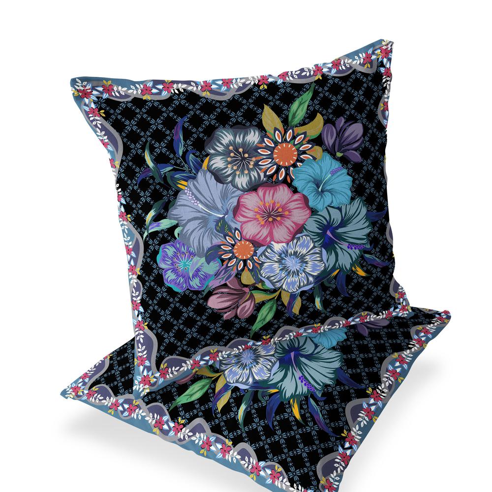 Set of Two 16" X 16" Black and Blue Botanical Indoor Outdoor Throw Pillow. Picture 1