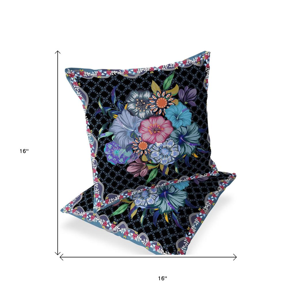Set of Two 16" X 16" Black and Blue Botanical Indoor Outdoor Throw Pillow. Picture 4