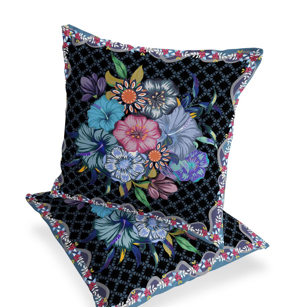 Set of Two 16" X 16" Black and Blue Botanical Indoor Outdoor Throw Pillow. Picture 3