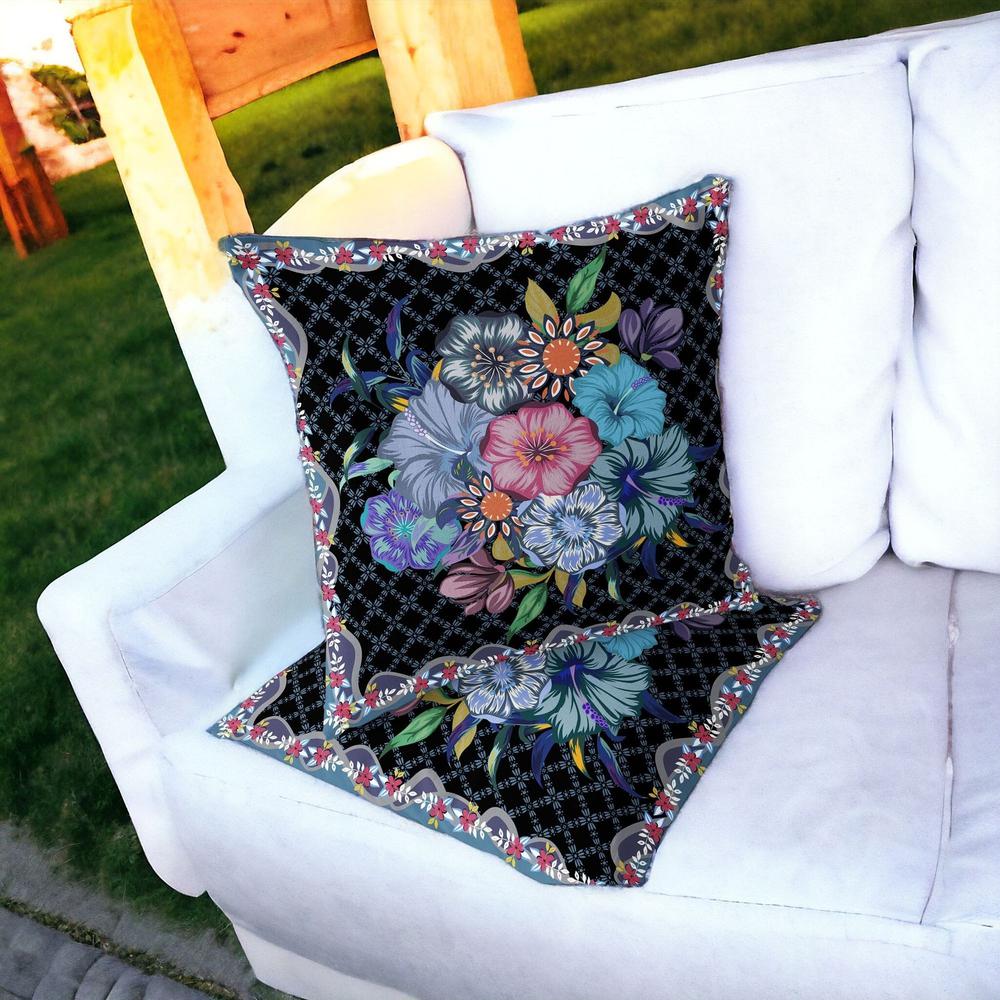 Set of Two 16" X 16" Black and Blue Botanical Indoor Outdoor Throw Pillow. Picture 2