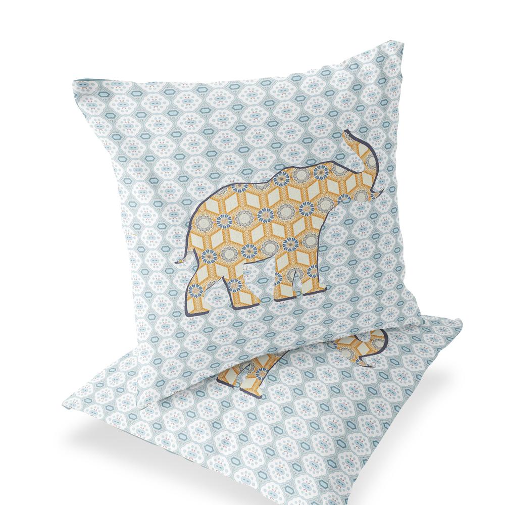 Set of Two 16" X 16" Blue, Yellow Elephant Eclectic Indoor Outdoor Throw Pillow. Picture 1