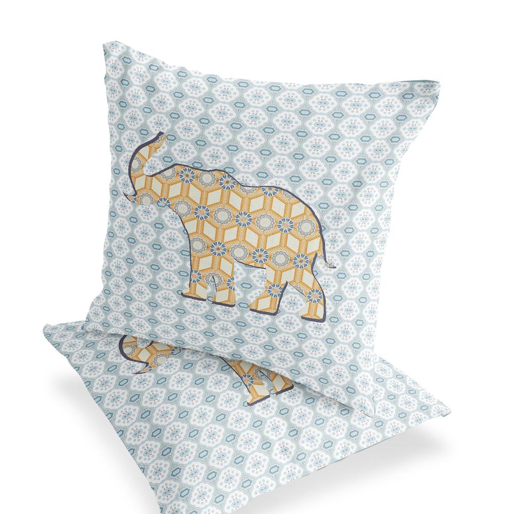 Set of Two 16" X 16" Blue, Yellow Elephant Eclectic Indoor Outdoor Throw Pillow. Picture 4