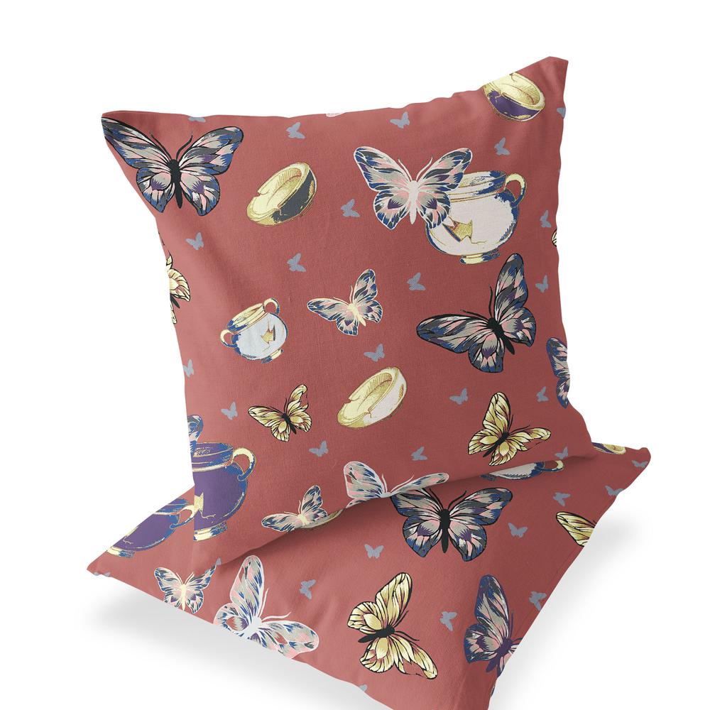 Set of Two 16" X 16" Blue and Orange Butterfly Indoor Outdoor Throw Pillow. Picture 1