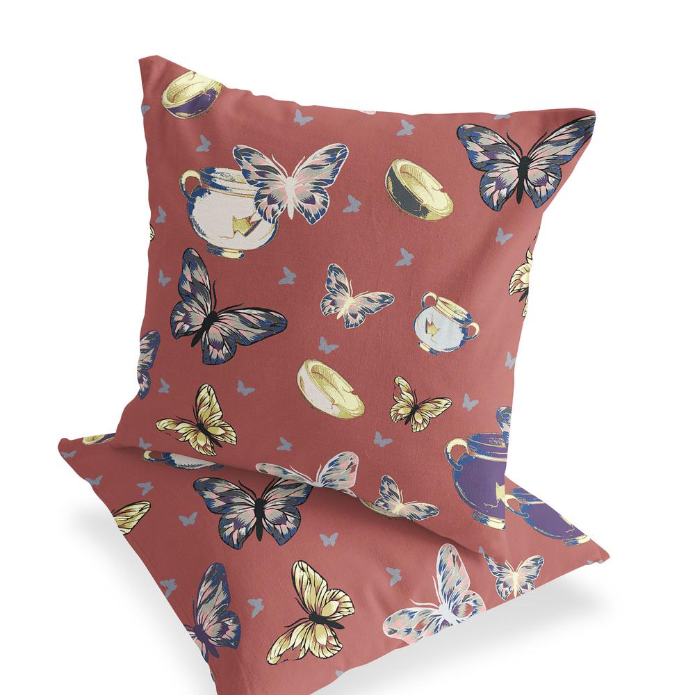 Set of Two 16" X 16" Blue and Orange Butterfly Indoor Outdoor Throw Pillow. Picture 4