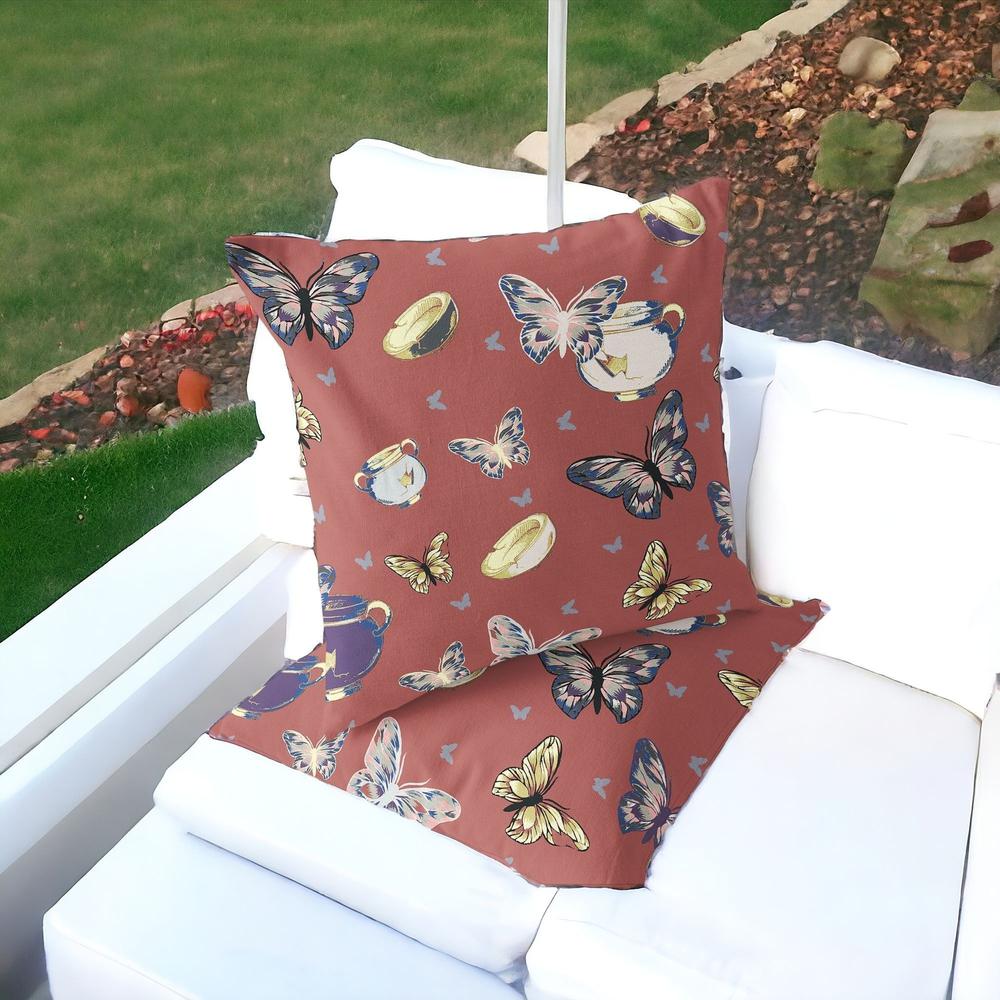 Set of Two 16" X 16" Blue and Orange Butterfly Indoor Outdoor Throw Pillow. Picture 2