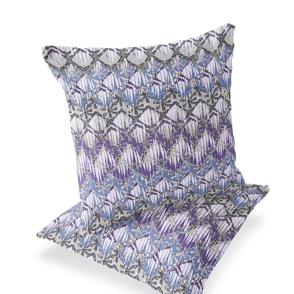 Set of Two 16" X 16" Gray and Purple Geometric Indoor Outdoor Throw Pillow. Picture 1