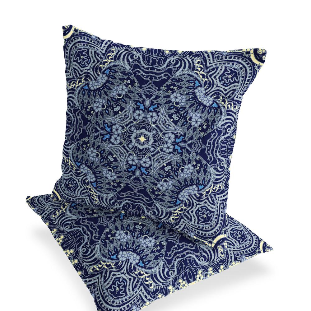 Set of Two 16" X 16" Blue and Yellow Geometric Indoor Outdoor Throw Pillow. Picture 3
