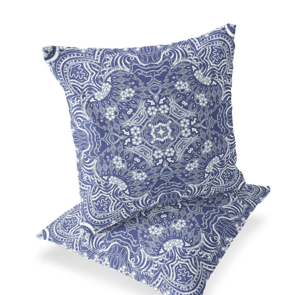 Set of Two 16" X 16" Blue and White Geometric Indoor Outdoor Throw Pillow. Picture 1