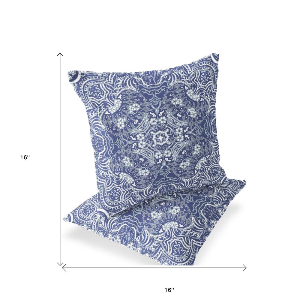 Set of Two 16" X 16" Blue and White Geometric Indoor Outdoor Throw Pillow. Picture 4