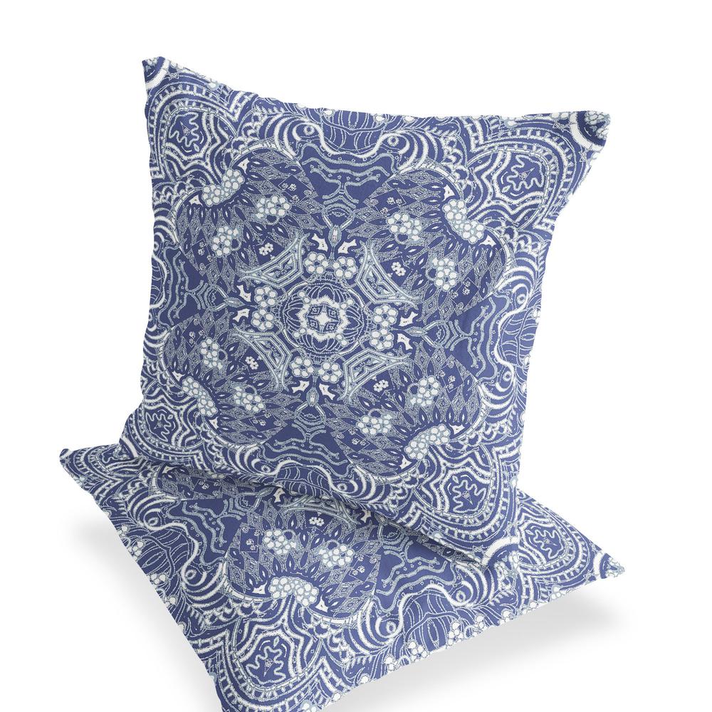 Set of Two 16" X 16" Blue and White Geometric Indoor Outdoor Throw Pillow. Picture 3