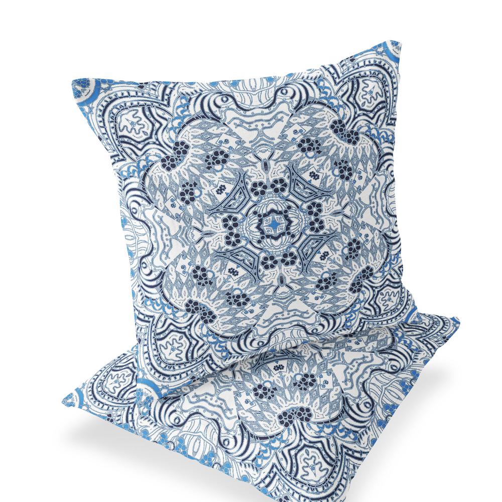Set of Two 16" X 16" Blue and White Geometric Indoor Outdoor Throw Pillow. Picture 1