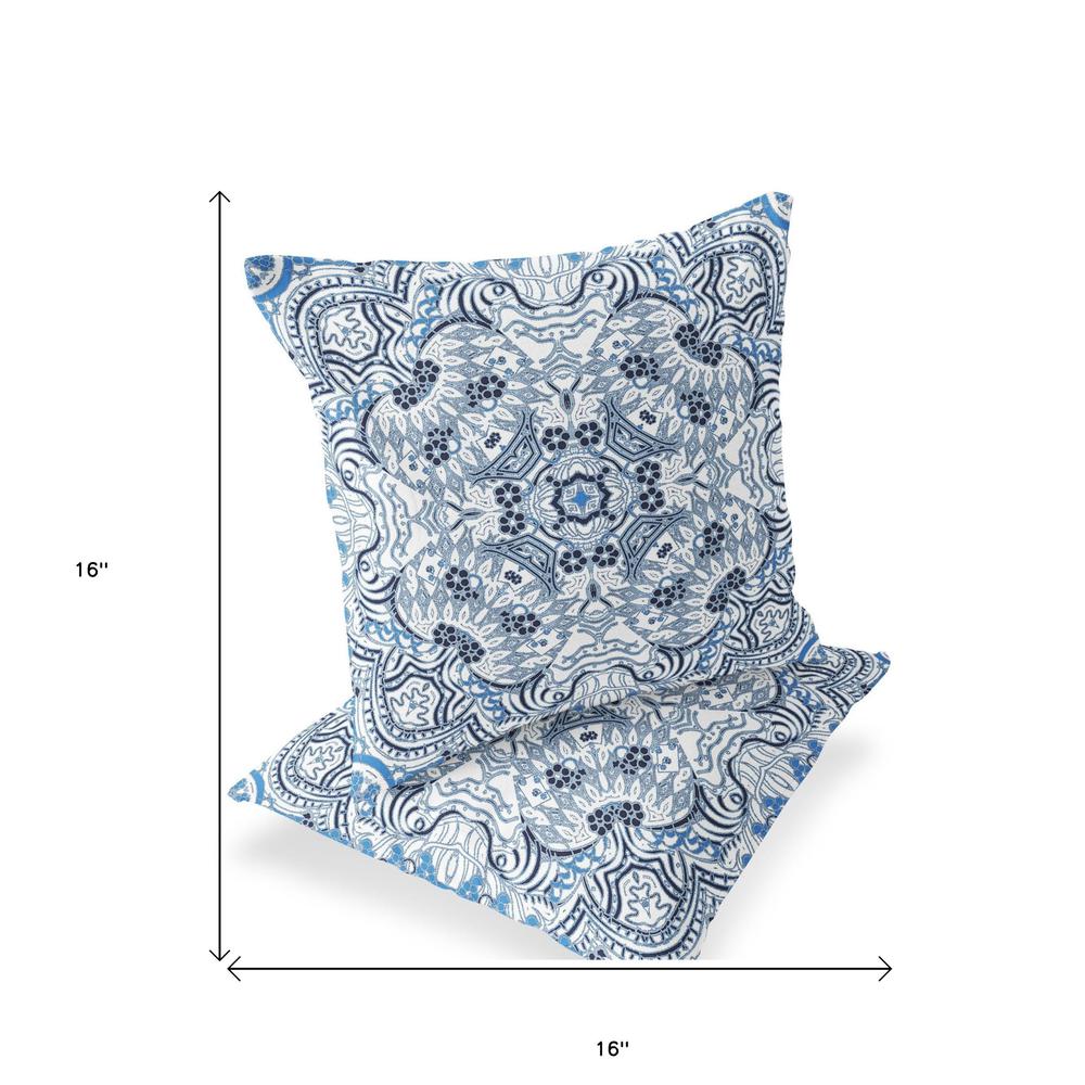Set of Two 16" X 16" Blue and White Geometric Indoor Outdoor Throw Pillow. Picture 6