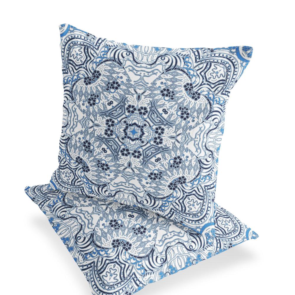 Set of Two 16" X 16" Blue and White Geometric Indoor Outdoor Throw Pillow. Picture 5