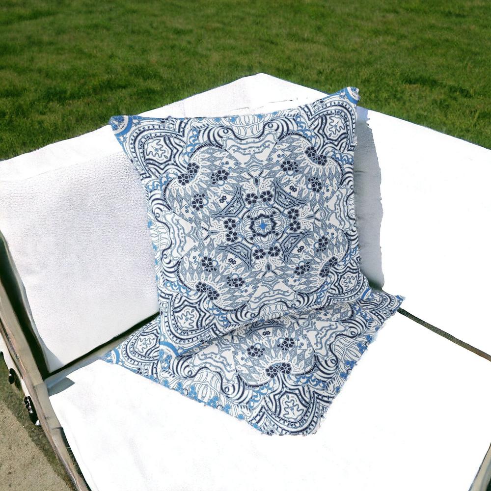 Set of Two 16" X 16" Blue and White Geometric Indoor Outdoor Throw Pillow. Picture 2