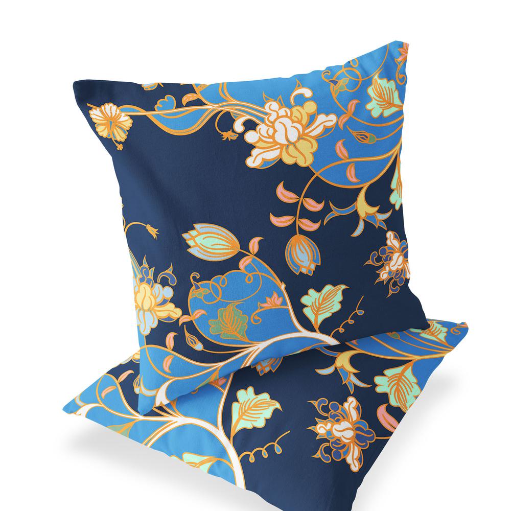 Set of Two 16" X 16" Blue and Orange Botanical Indoor Outdoor Throw Pillow. Picture 1