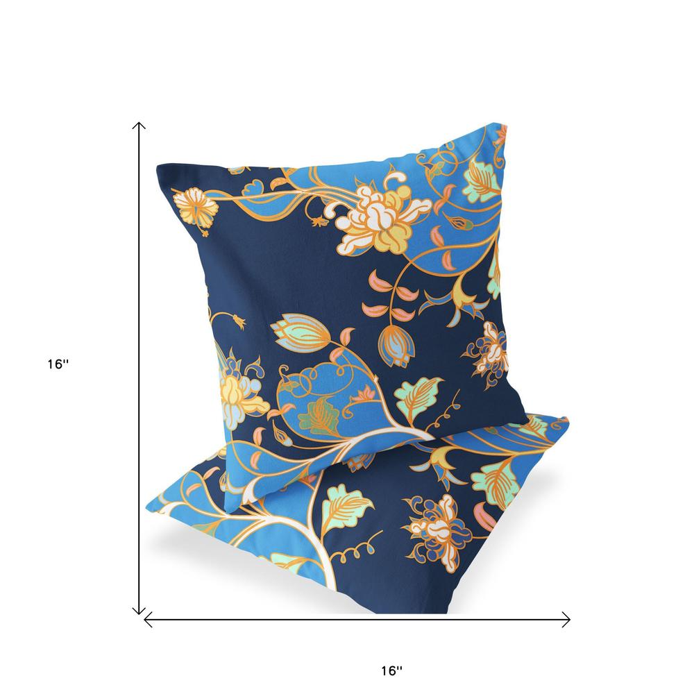 Set of Two 16" X 16" Blue and Orange Botanical Indoor Outdoor Throw Pillow. Picture 6