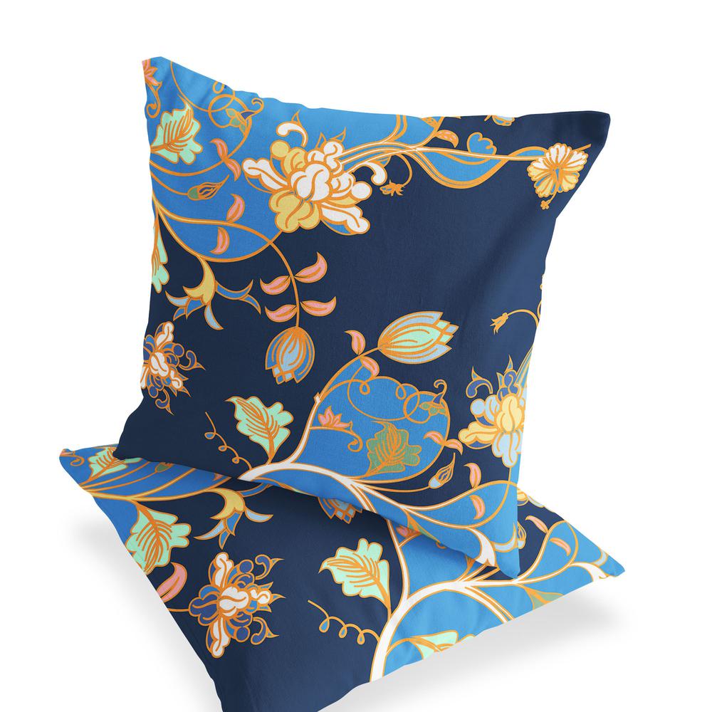 Set of Two 16" X 16" Blue and Orange Botanical Indoor Outdoor Throw Pillow. Picture 5