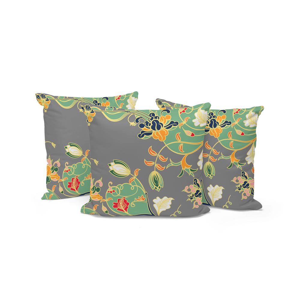 Set of Three 16" X 16" Gray and Orange Botanical Indoor Outdoor Throw Pillow. Picture 1