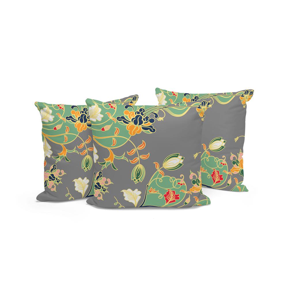 Set of Three 16" X 16" Gray and Orange Botanical Indoor Outdoor Throw Pillow. Picture 4
