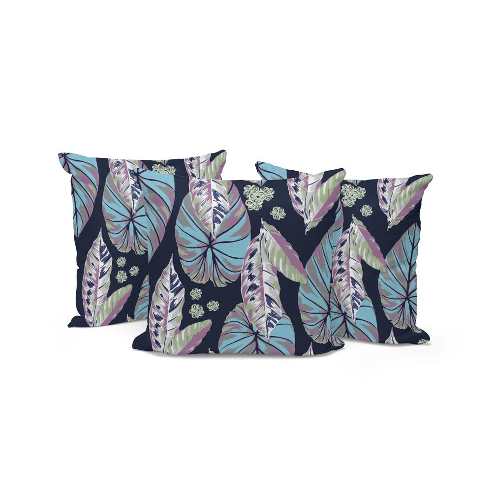 Set of Three 16" X 16" Blue and Purple Botanical Indoor Outdoor Throw Pillow. Picture 1