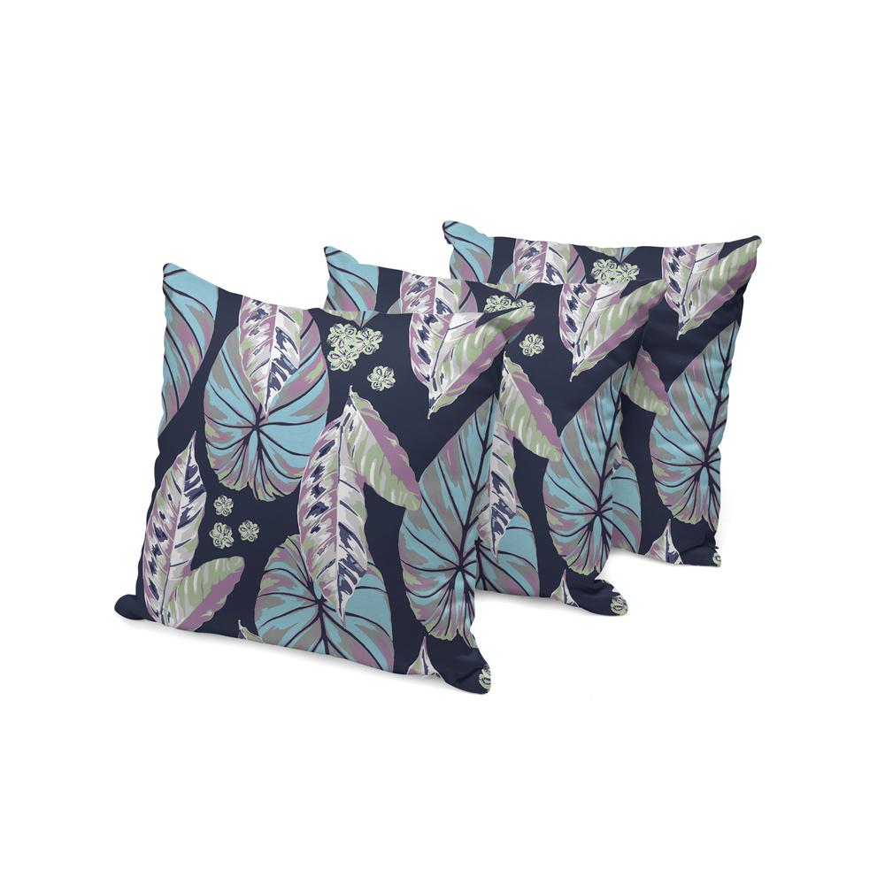 Set of Three 16" X 16" Blue and Purple Botanical Indoor Outdoor Throw Pillow. Picture 3