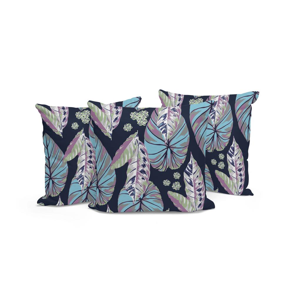 Set of Three 16" X 16" Blue and Purple Botanical Indoor Outdoor Throw Pillow. Picture 4