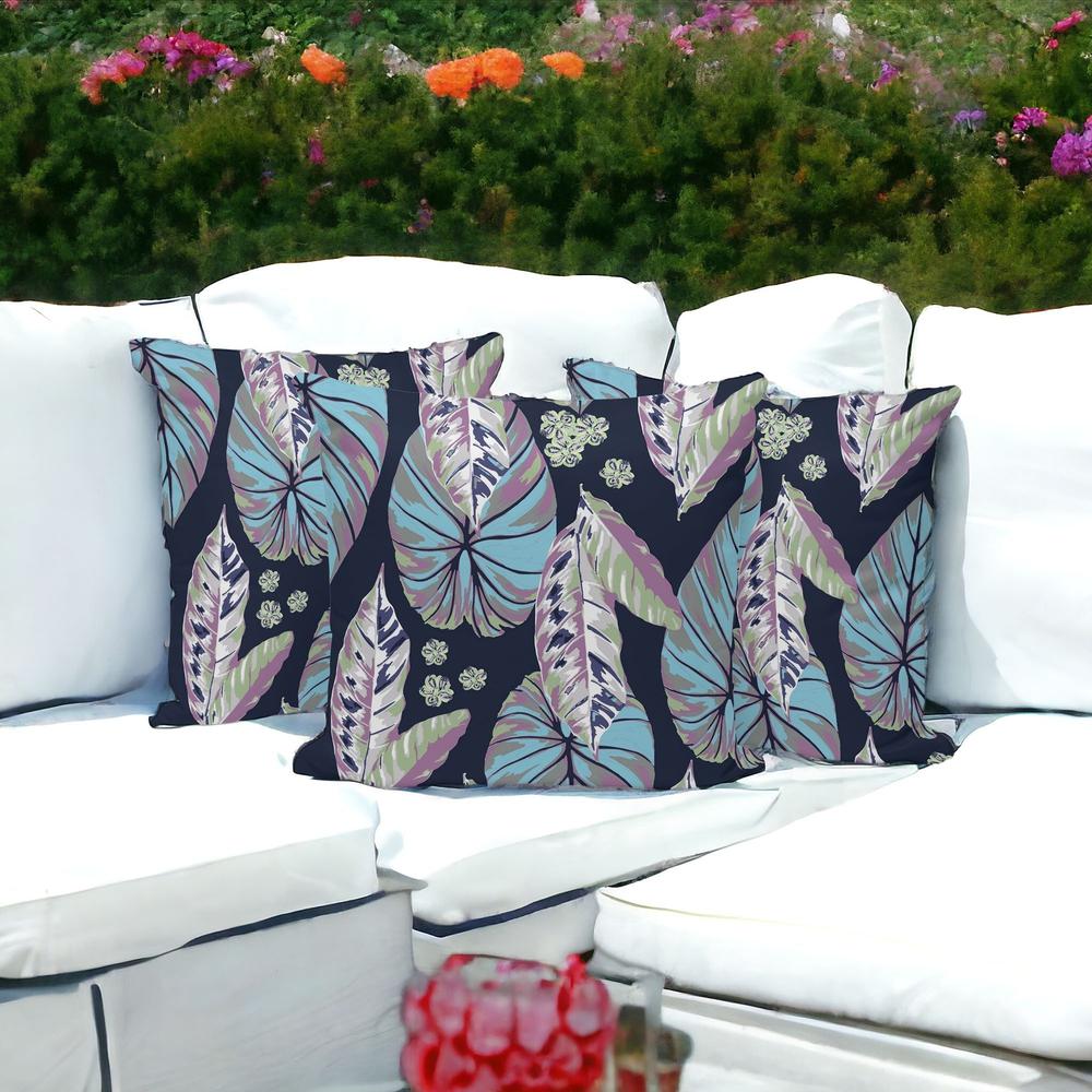 Set of Three 16" X 16" Blue and Purple Botanical Indoor Outdoor Throw Pillow. Picture 2