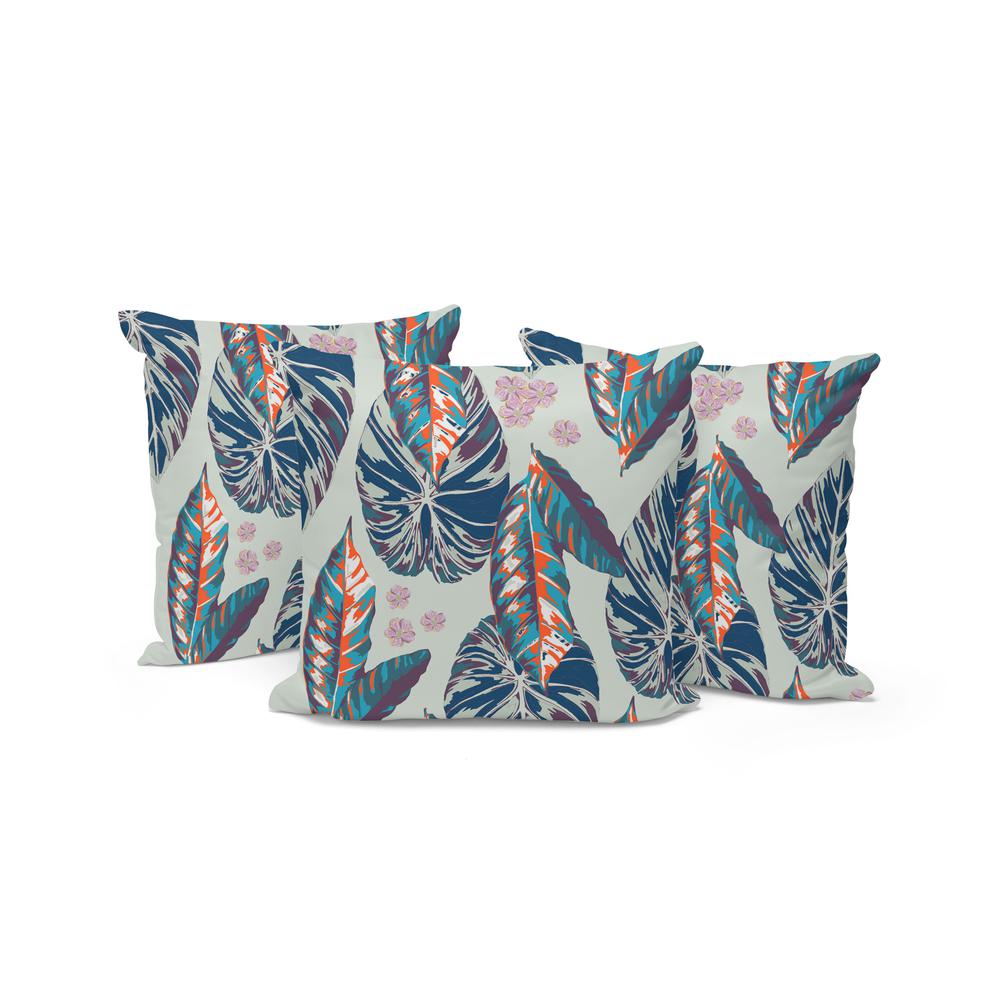 Set of Three 16" X 16" Blue and Gray Botanical Indoor Outdoor Throw Pillow. Picture 1