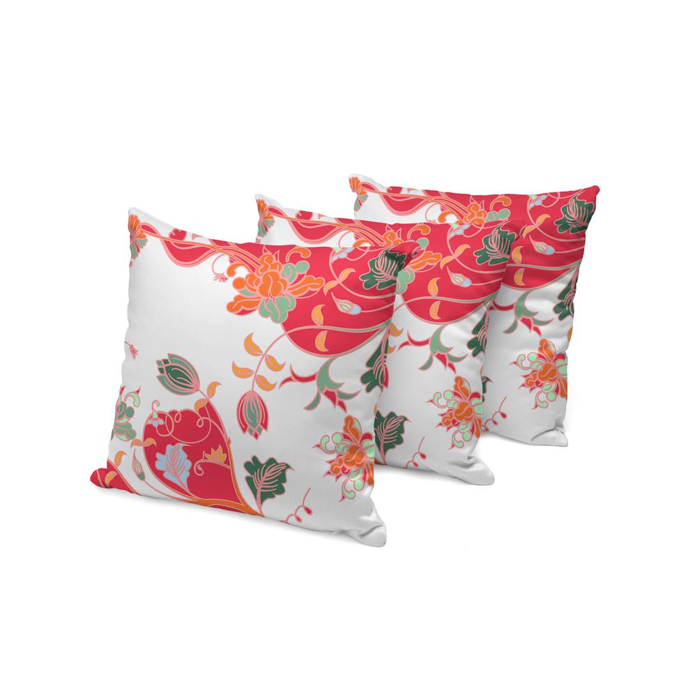 Set of Three 16" X 16" Red and White Botanical Indoor Outdoor Throw Pillow. Picture 3