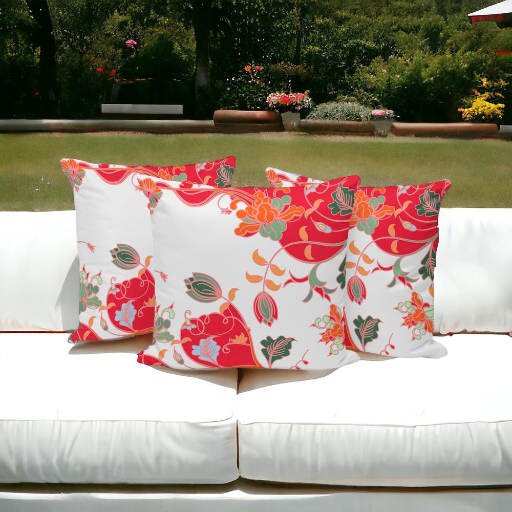 Set of Three 16" X 16" Red and White Botanical Indoor Outdoor Throw Pillow. Picture 2