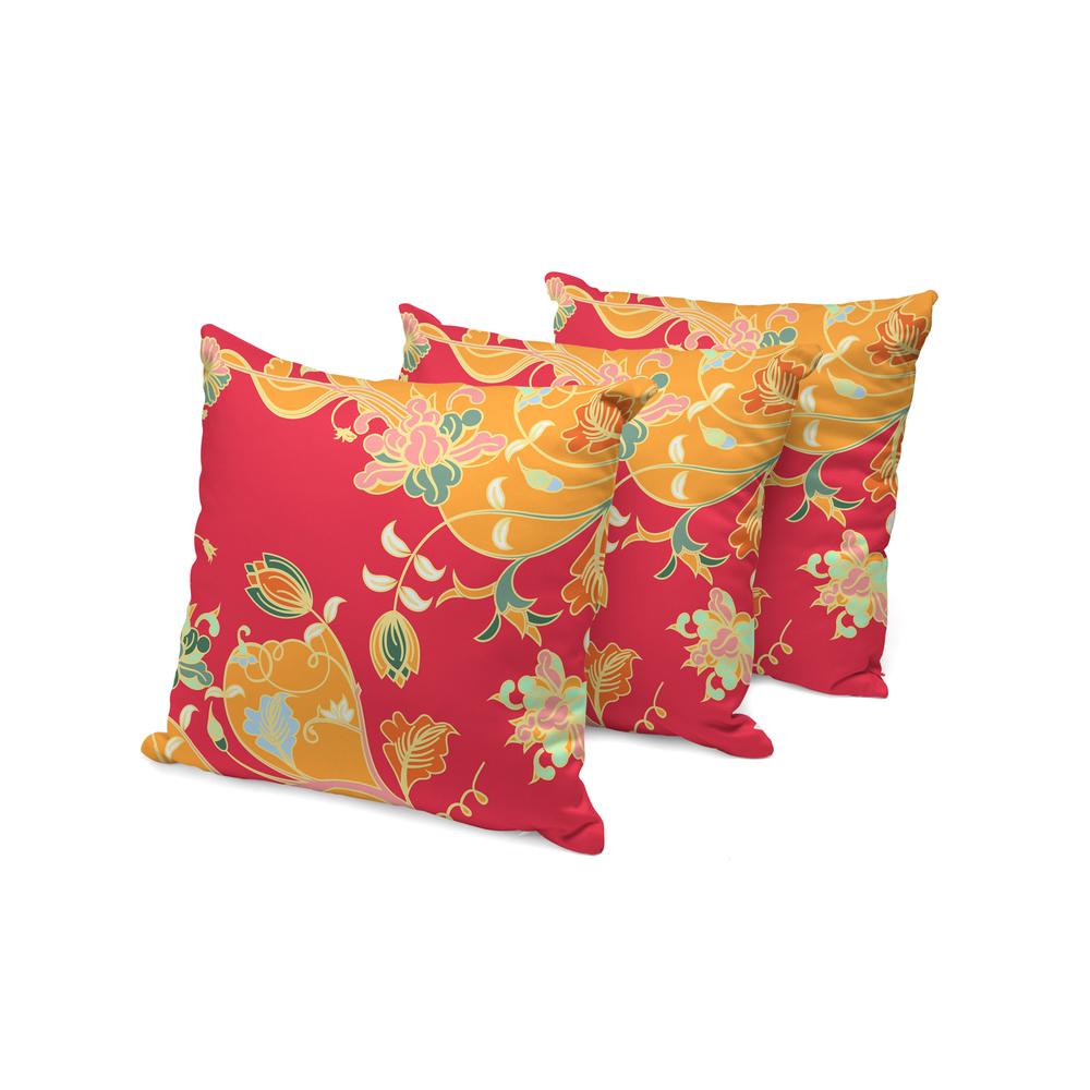 Set of Three 16" X 16" Green and Red Botanical Indoor Outdoor Throw Pillow. Picture 3